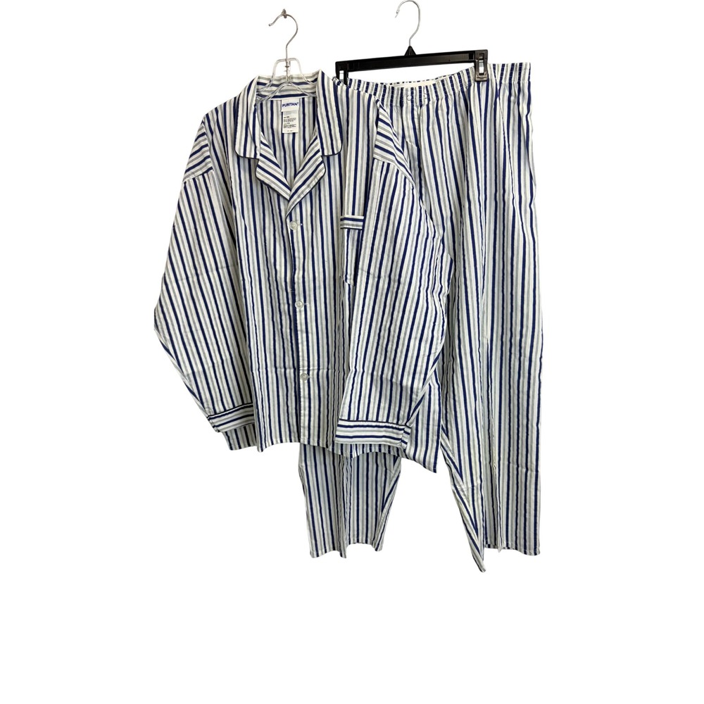 Puritan Mens Pajama Set 3XL White Blue Striped Button Down Sleepwear 2 Piece